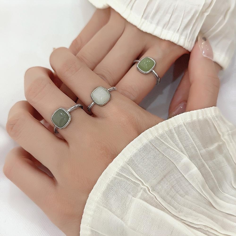 Three-dimensional Design Hetian Jade Square Open Ring Chinese Style Pattern Craft Light Luxury Women's Copper Zircon