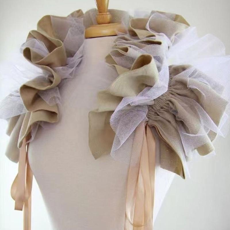 Vintage Victorian Ruffled Shrug Shawl Boleros Ribbon False Collar Renaissance Costume Cosplay Accessories for Unisex