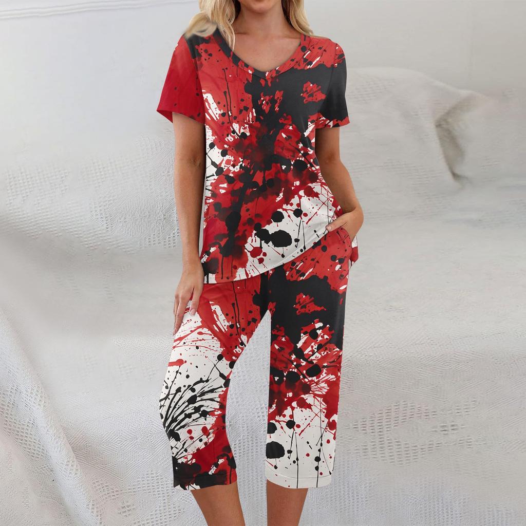 2 Piece Sets For Women Short Sleeve Top And Pants With Pockets Workout Soft Halloween Print Sets