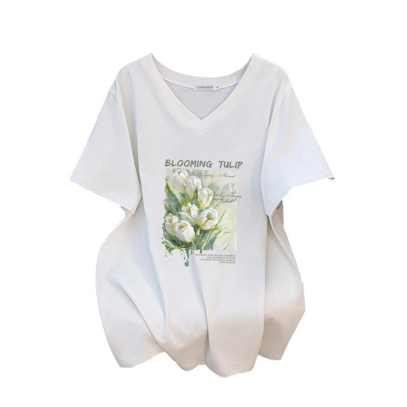 Plus Size V-Neck Mid-Length Short-Sleeve Loose Fit T-Shirt for Women