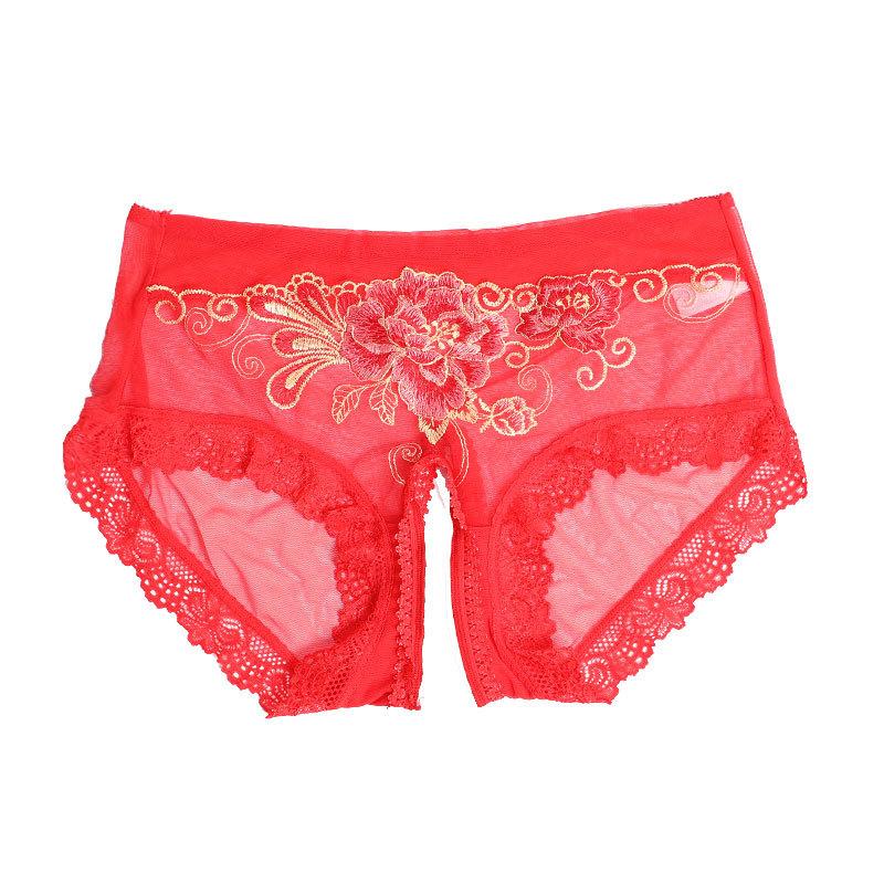 Embroidered panties women's open-crotch mesh transparent briefs seductive sex underwear large size low-rise underwear