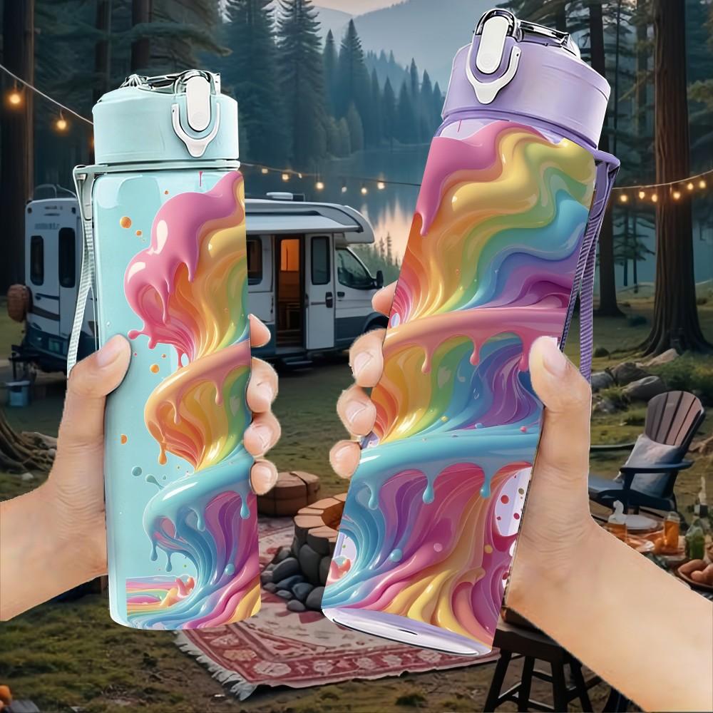 1PC Twisted Rainbow Smoke Swirl Print 750ml Color Plastic Sports Water Bottle Leakproof Flip Straw Lid Suitable for Sports Office Home Use