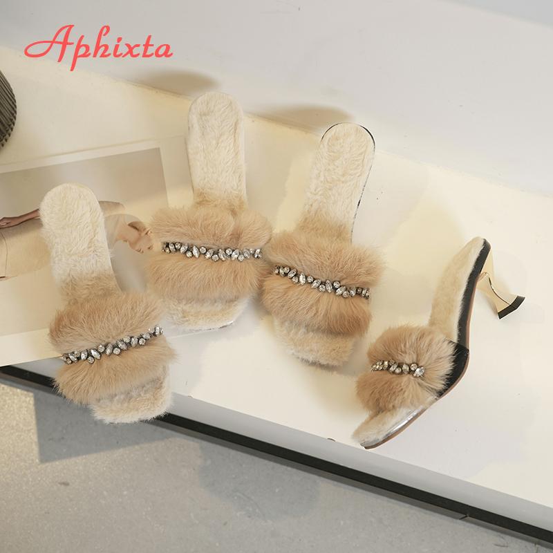 Fashion Aphixta Furry Warm Women's Slides Luxury Crystal Slip-On Autumn Spring Shoes with Spike Heel Long Plush Modern Slippers Shoes