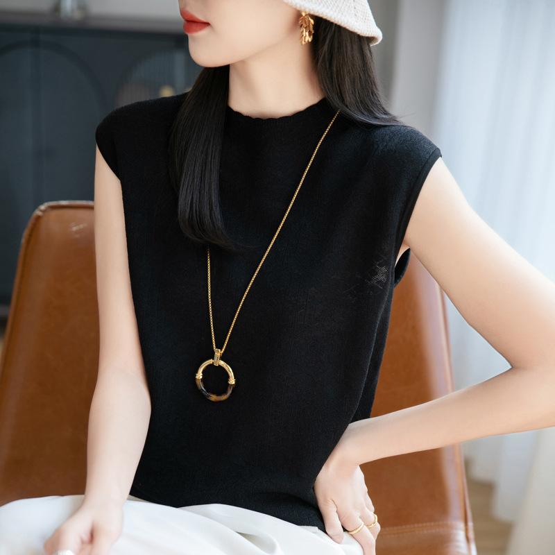 

Полый жаккардовый вязаный женский летний тонкий новый свободный и тонкий вязаный свитер-жилет топ с коротким рукавом XL чёрный