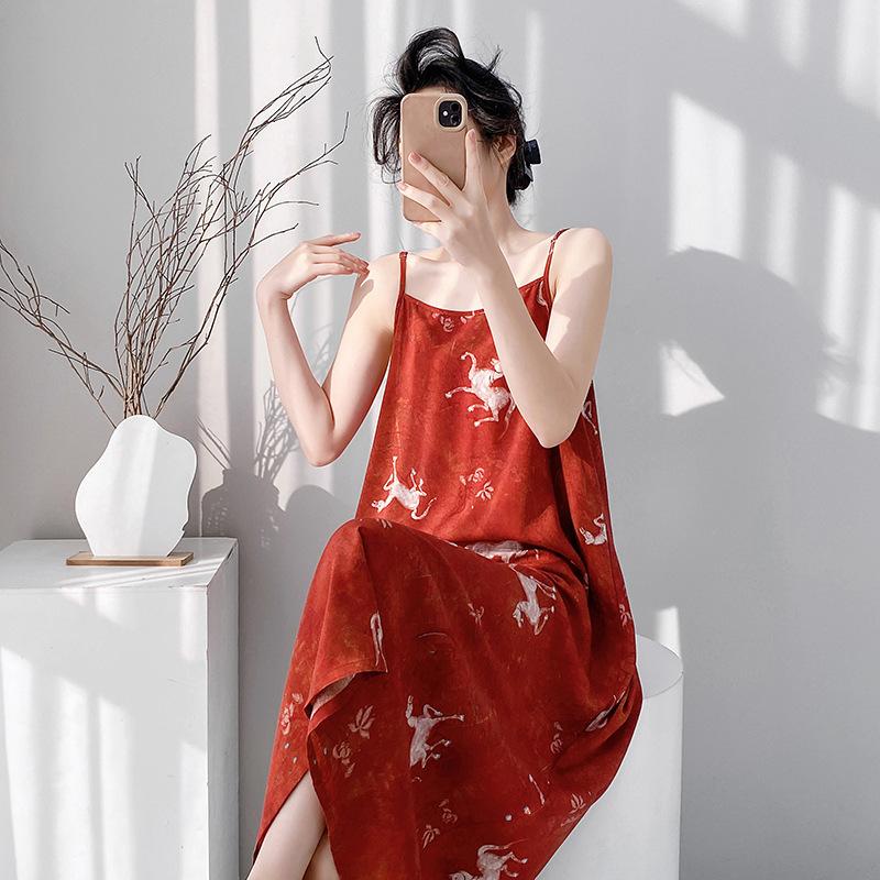 Suspender small fresh cotton and silk nightdress women's summer thin sleeveless lazy style loungewear high-end sense holiday dress