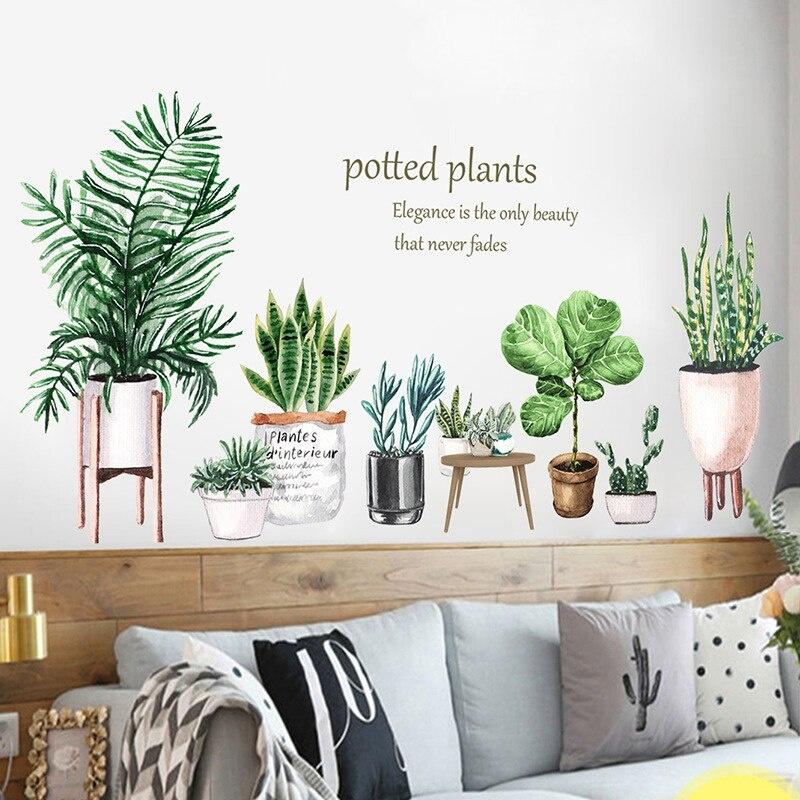 New Bedroom Living Room Potted Succulent Leaf Cactus 3D Decorative Wall Stickers