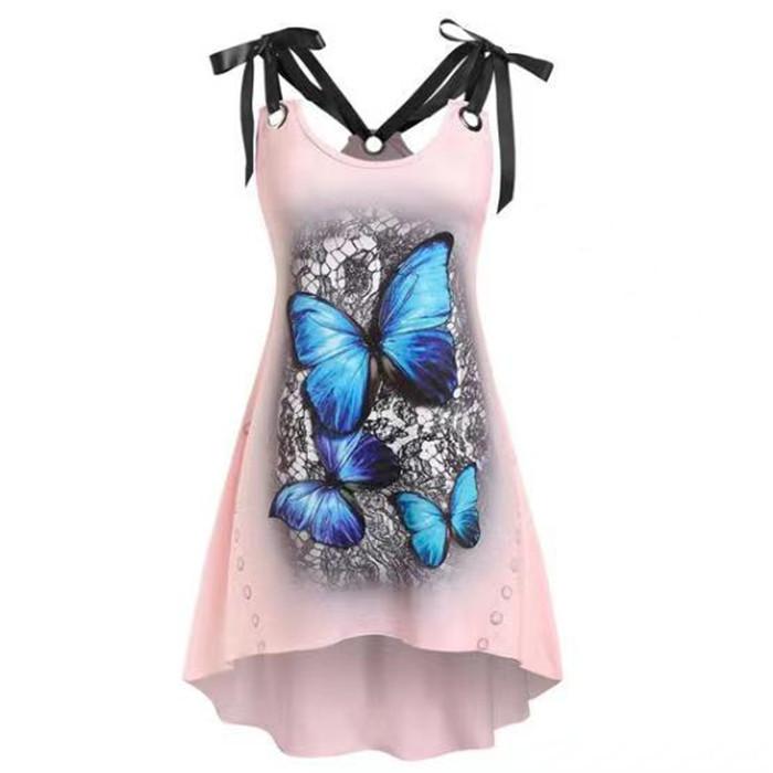 Wish Ladies Butterfly Print Splicing Sleeveless Lace-Up Dress