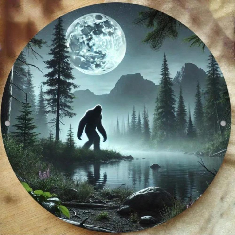 Vintage 2D Round Aluminum Sign Sasquatch Moonlight HD Print Waterproof Wall Art Decor