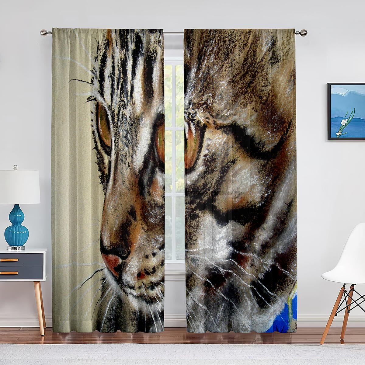 Милый кот акварельная живопись искусство цветочные прозрачные вуали шторы для спальни — фото 10