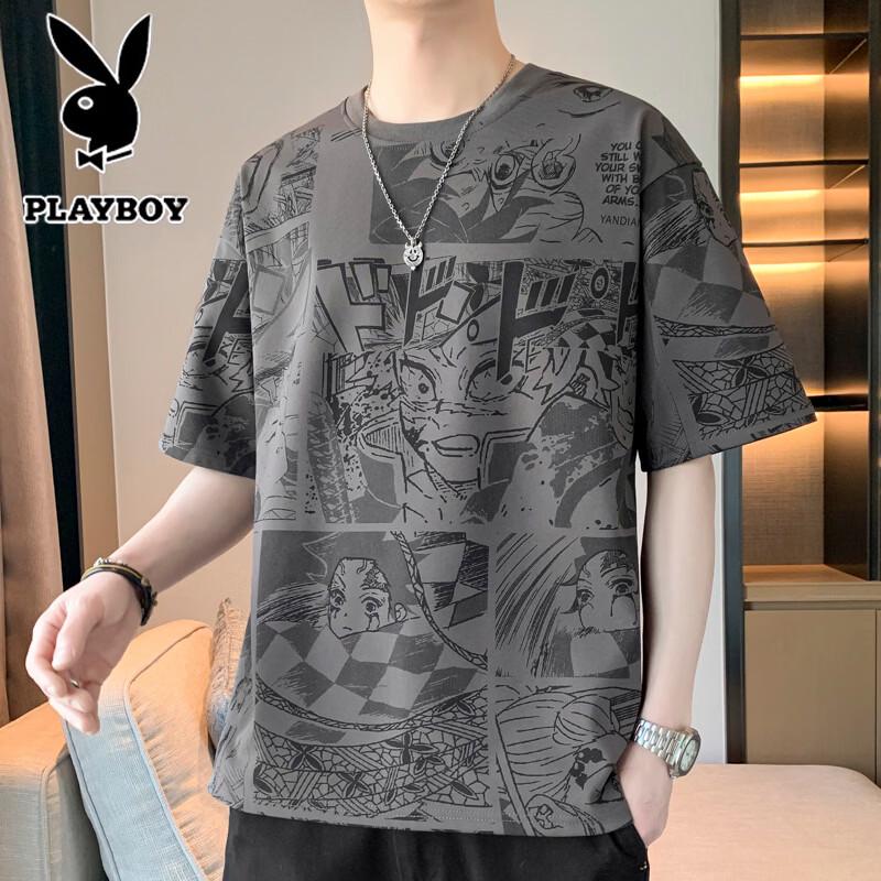 PLAYBOY Men's Summer Trendy Anime Print Loose Casual Short Sleeve T-Shirt