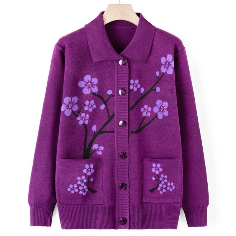 Medium Elderly Sweater Jacket Women's Autumn Mom Knitted Sweater Cardigan Top Grandma Casual Lapel Clothes