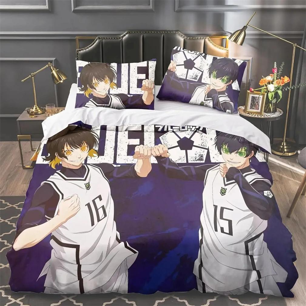 3D Print Blue Anime Boy Lock Bedsing Set,Yoichi/Bachira Meguru/Chigiri Hyoma/Kunjin Kensuke Duvet Cover Set Pillowcase For Boys