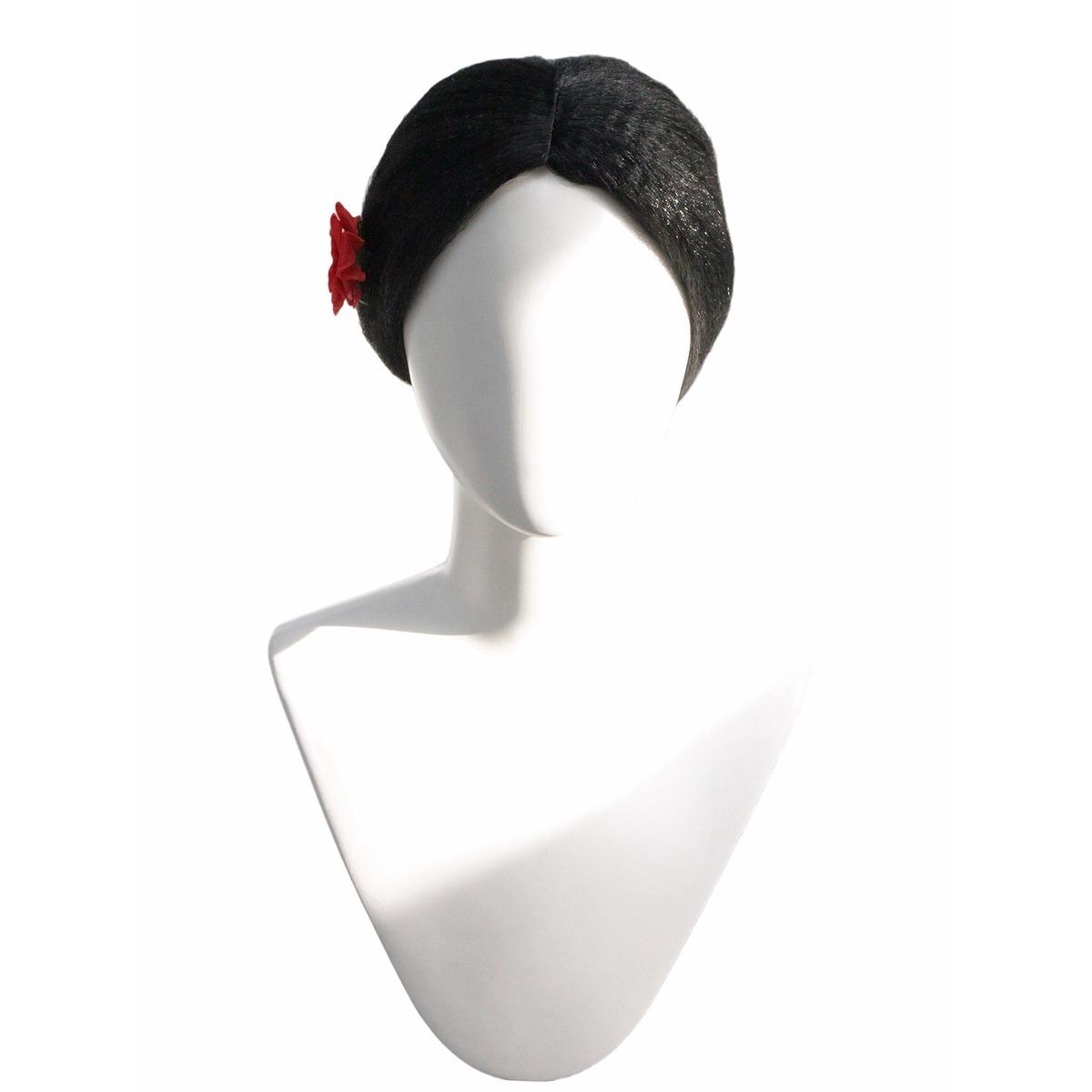 

Black Traditional Japanese Low Bun Wig with Red Flower Accents, Smooth Glossy Shiny Synthetic Hairpiece