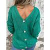 Women's long-sleeved V-neck hollow leaf pattern button knit sweater