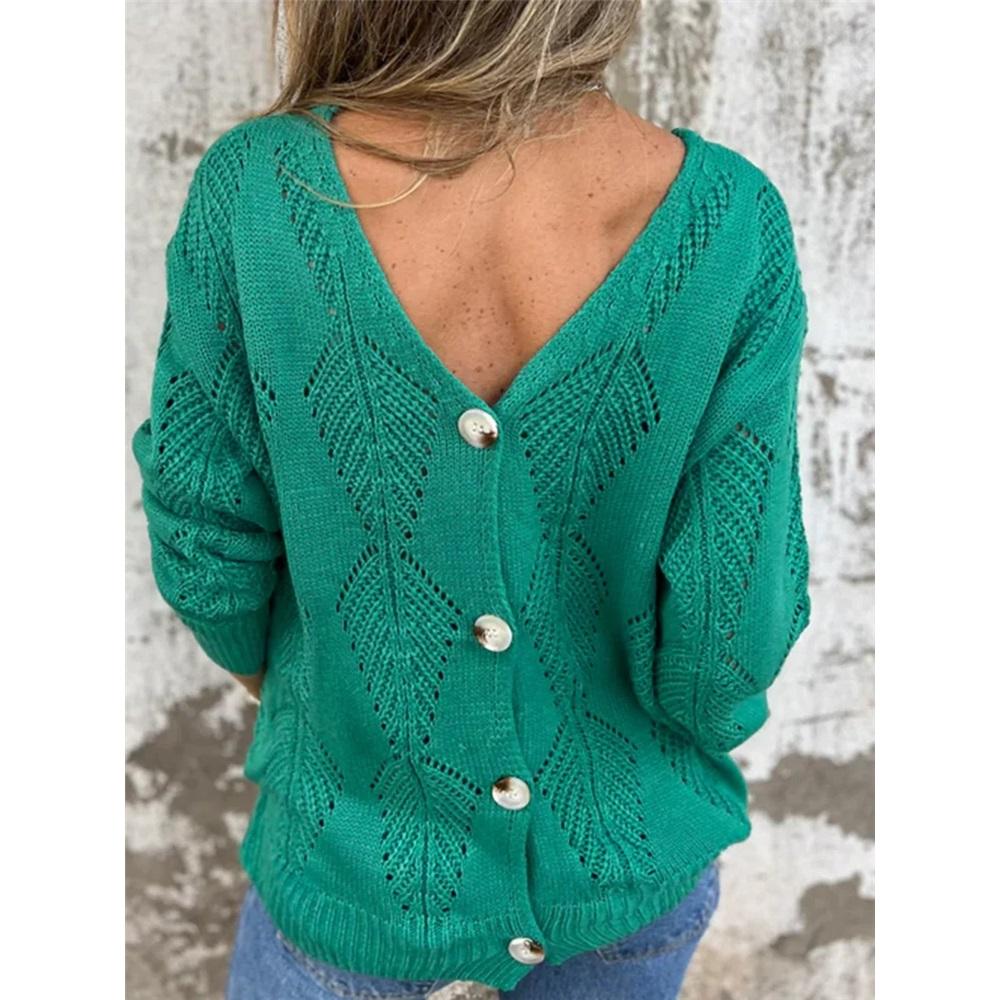 Women's long-sleeved V-neck hollow leaf pattern button knit sweater