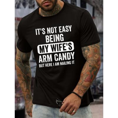 Europäische Größen Herren Lustiges "Arm Candy" Slogan T-Shirt - Türkis Lässiges Kurzarm Sommer-T-Shirt mit Kräftigem Aufdruck, Rundhalsausschnitt, Maschinenwaschbar