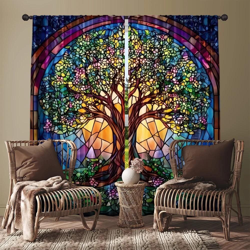 

2pcs Colorful Floral Tree Curtains Window Decor Polyester Rod Pocket Drapes for Home Decor Living Room Bedroom 100*130 HOOK 1pcs