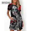 Mode Totenkopf 3D-Druck Damenkleid Lustiges Horror-Muster Lässiges A-Linien-Kleid Sommer 2026 Neu Kurzarm O-Ausschnitt Damen Sommerkleid