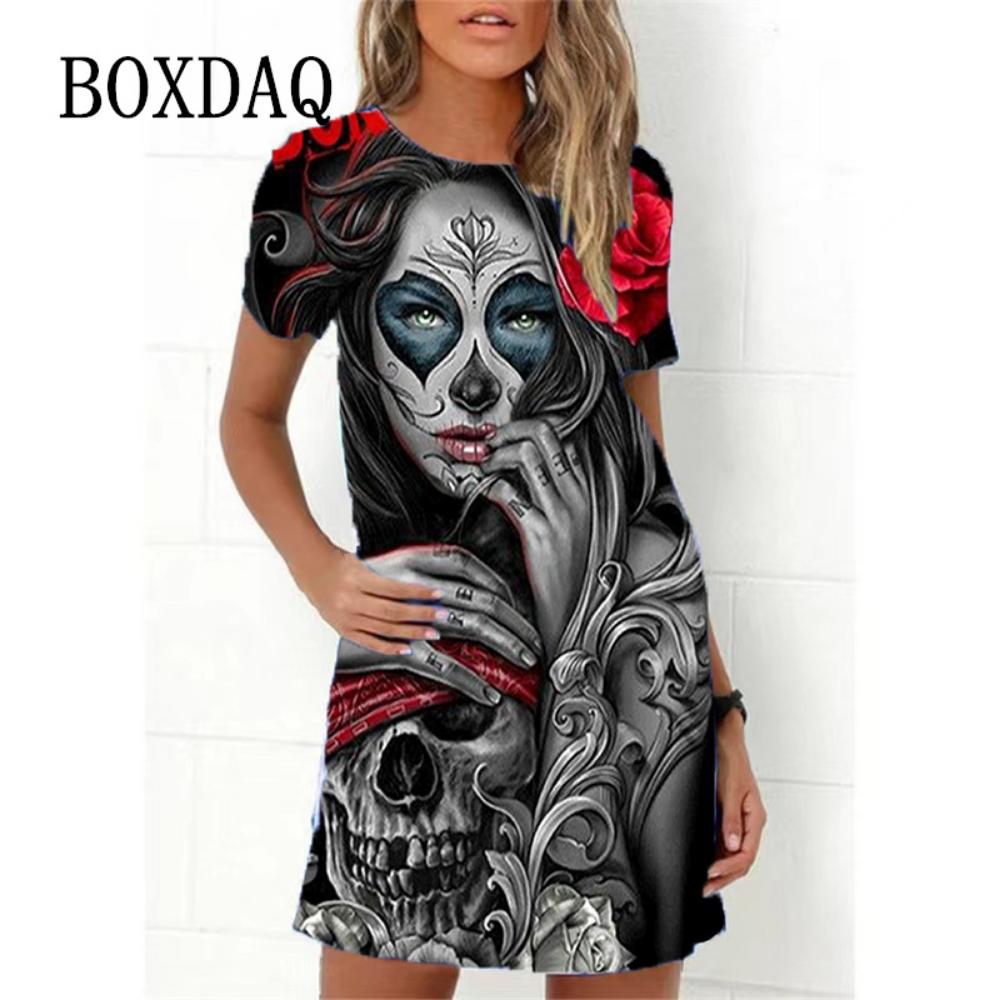 Mode Totenkopf 3D-Druck Damenkleid Lustiges Horror-Muster Lässiges A-Linien-Kleid Sommer 2026 Neu Kurzarm O-Ausschnitt Damen Sommerkleid