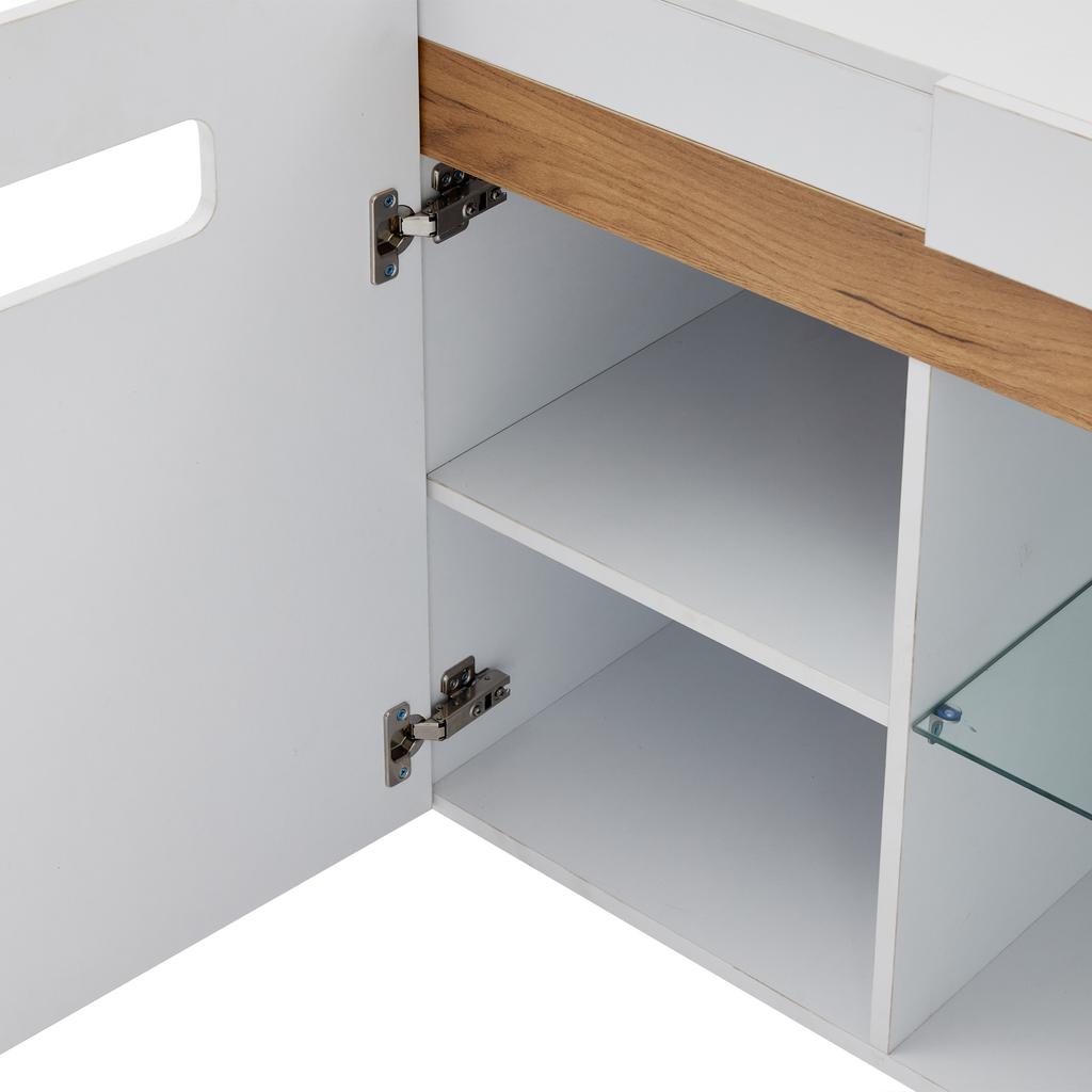 Modernes 3-türiges Sideboard, LED-Lichtsteuerung, App-Steuerung, 140x40x70 cm Hochglanz Wohnzimmermöbel, Weiß mit Glasboden, Aufbewahrungsschrank