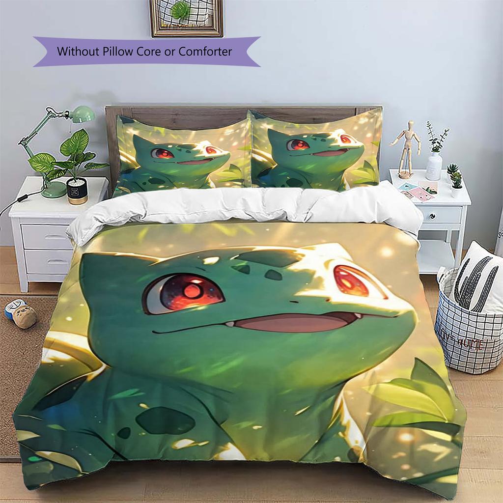 Bulbasaur Patterned Pillowcase & Duvet Cover Set Bedroom Interior Bedding Special Gift for Anime Lovers.-TING