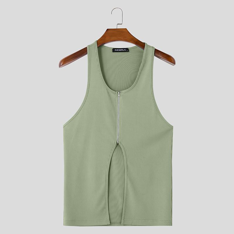 INCERUN Letní pánské bez rukávů s výřezy na zip jednobarevné ležérní žebrované tílko