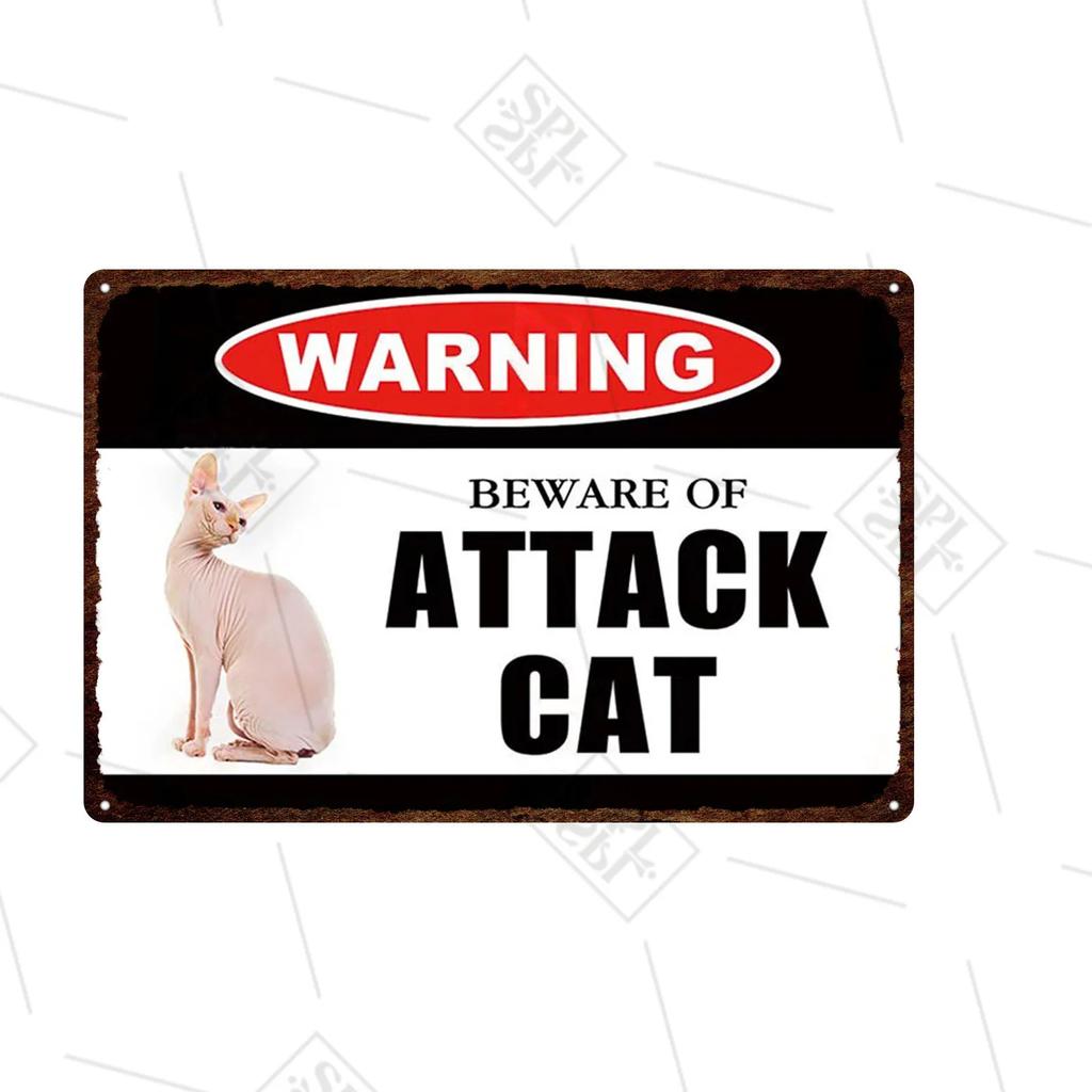 Pet Shop Warning Sign Beware of The Attack Cat Metal Sign Animals Tin Plate Pet Shop Wall Sticker Decoration Vintage Home Decor