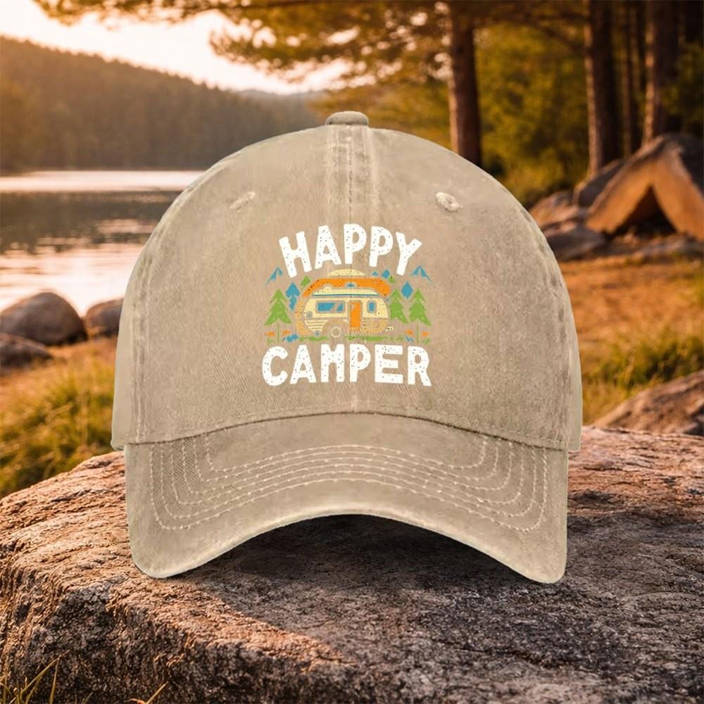 Happy Camper Print Washed Baseball Cap Unisex Cotton Hat for Outdoor Golf Daily Wear