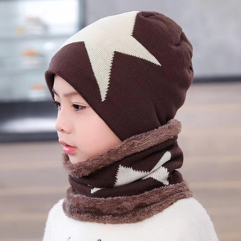 (TAGLIA)Cappelli invernali caldi lavorati a maglia con colori a contrasto in pile per set di due pezzi cappello + sciarpa per bambini