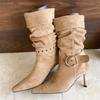 Designer Pleated Turned Over Edge Ankle Boots Women Short Booties Sexy Thin Heels Buckle Strap Banquet Prom Shoes