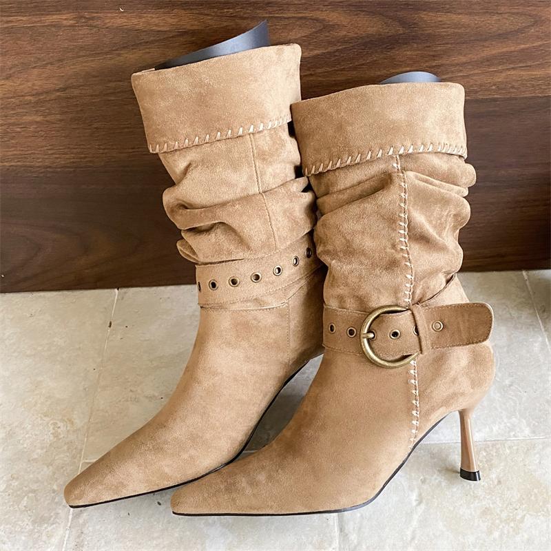 Fashion Eilyken Women Ankle Boots Designer Pleated Turned-over Edge Buckle Strap Short Booties Sexy Thin High Heels Banquet Prom Shoes