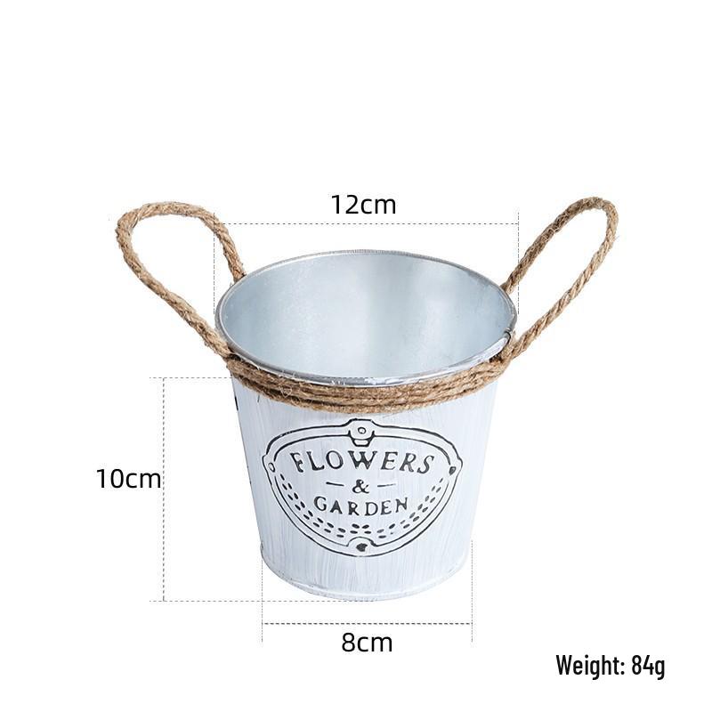 Small Retro Distressed Whitewashed Tin Flower Pot for Tabletop or Balcony Decor, Ideal for Succulents and Iron Lettering