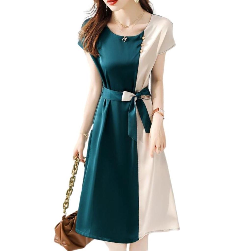 J-Scott Two-Tone Dress (Limited Stock) - Asymmetrical, Flared, with Buttons, Ribbon, Midi Length, Wide Neck, Short Sleeves, Beige (JS71-GR-XL)