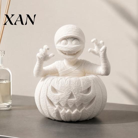 Unique Tabletop Display Piece 3D Printed Pumpkin Boy Figurine, Unpainted White DIY Statue, Detailed Mummy Ghost Figurine Halloween Sculpture, Creative