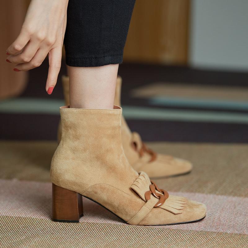 Fashion 2025 Spring Autumn New Women Ankle Boots Kid Suede Shoes Woman Square Toe Chain Side Zipper New Female Office Thick Heels Boots