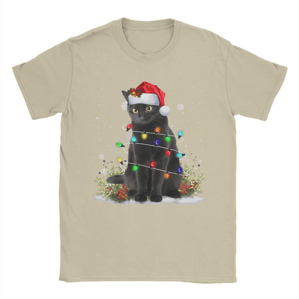Men's Black Cat Christmas Santa Hat Funny Meowy Cats T-Shirts Clothing Beach Short-Sleeve T-Shirt O Neck Harajuku Tee Shirt