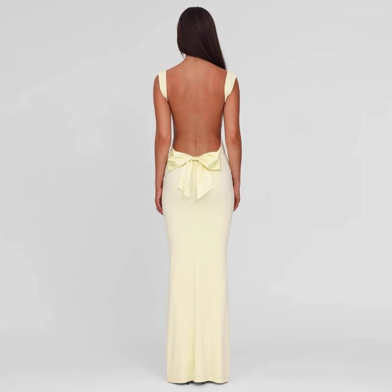 Fashion Sexy European American Style Sleeveless Backless Bow Tie Fitted Long Dress For Women
