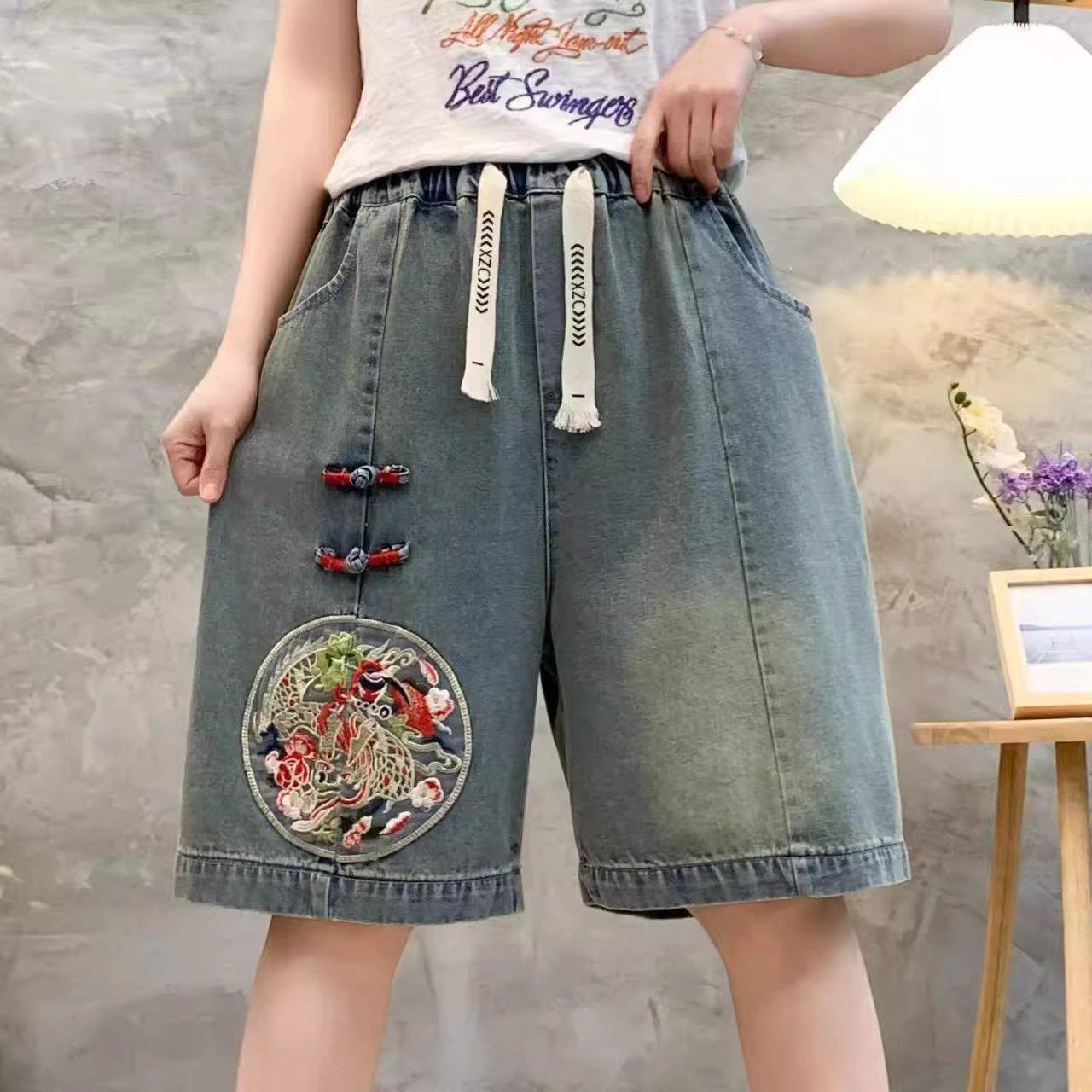 

Chinese Style Denim Shorts for Women In The Summer of The Chinese New Year Thin Design Retro Embroidery Buckle High Waist Loose Five Quarter Pants XL