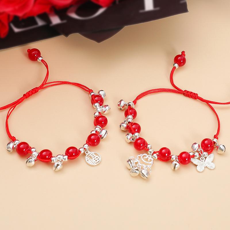 Step By Step, Ethnic Wind Blessing Brand Bell Bracelet Imitation Garnet Bracelet, Miao Jiang Girl Woven Red Rope Hand Rope