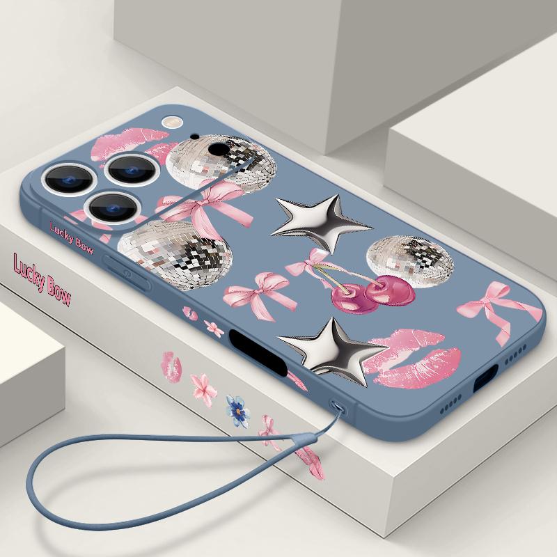 Für iPhone 17 Pro Max Hülle Kirsch-Schleifen Lippen Discokugel Weiches Silikon Lanyard Hülle Für iPhone 16 Pro Max Hülle iPhone 15 14 13 12 11 16E