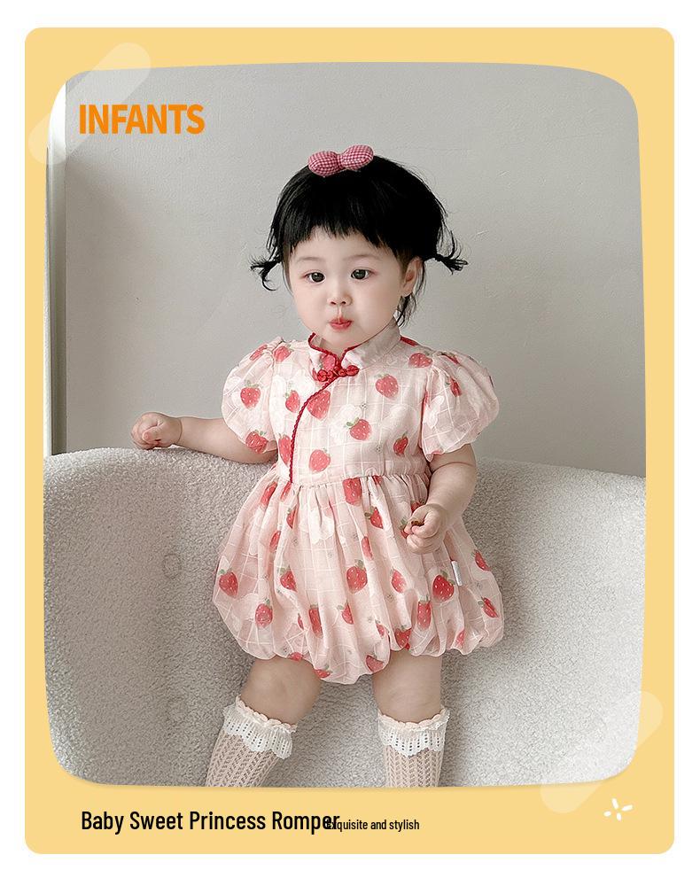 Summer 2025 Strawberry Print Baby Romper - One-Year-Old Girl's Triangle Crawling Onesie