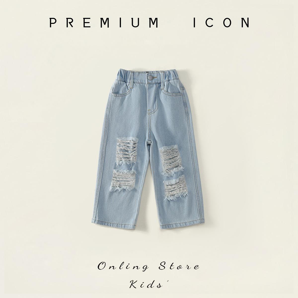 Baby autumn jeans 2025 new children s Korean version fashionable washed ripped wide-leg trousers 90cm