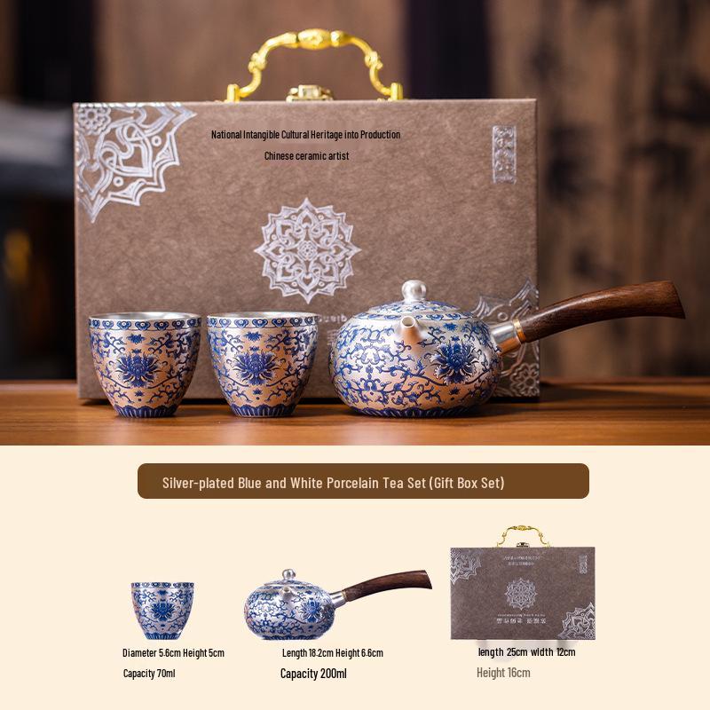 Blue & White Gilded Gongfu Tea Set: Teapot, 2 Cups & Tray In Gift Box for Home or Office.