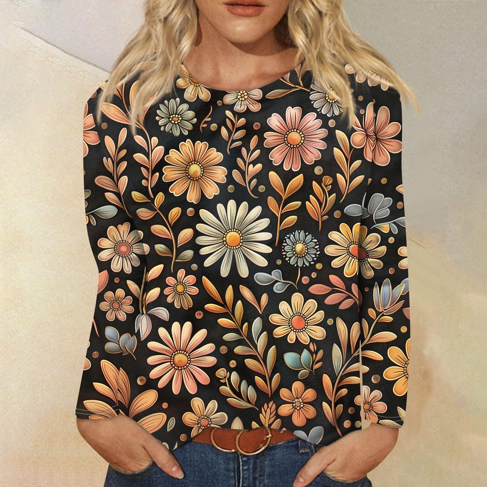 

Женская мода Повседневная ретро-принт с круглым вырезом и длинным рукавом Декоративная футболка Топ XL