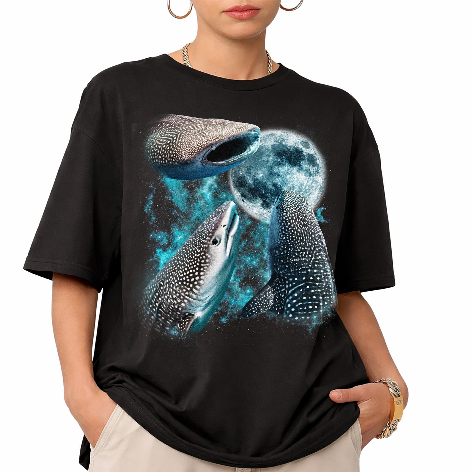 Whale Shark Shirt, Three Whale Sharks Full Moon Graphic Tee, Comfort Colors Sea Animal Shirt, Shark Lover Gift, Ocean Wildlife Nature Tee XL
