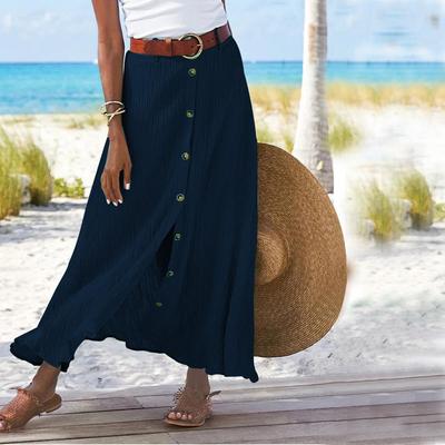Women's Fashion Solid Color Button Split Mid-waist Long Skirt Beachwear Skirt Causal Package Hip A-line Skirt