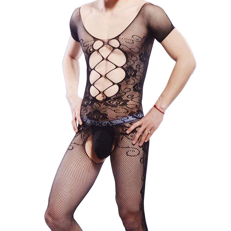 Crotchless Bodystocking Black Man Gay Transparent Net Clothes Sexy Lingerie Bodysuit One Piece Stockings Erotic Sissy Costumes