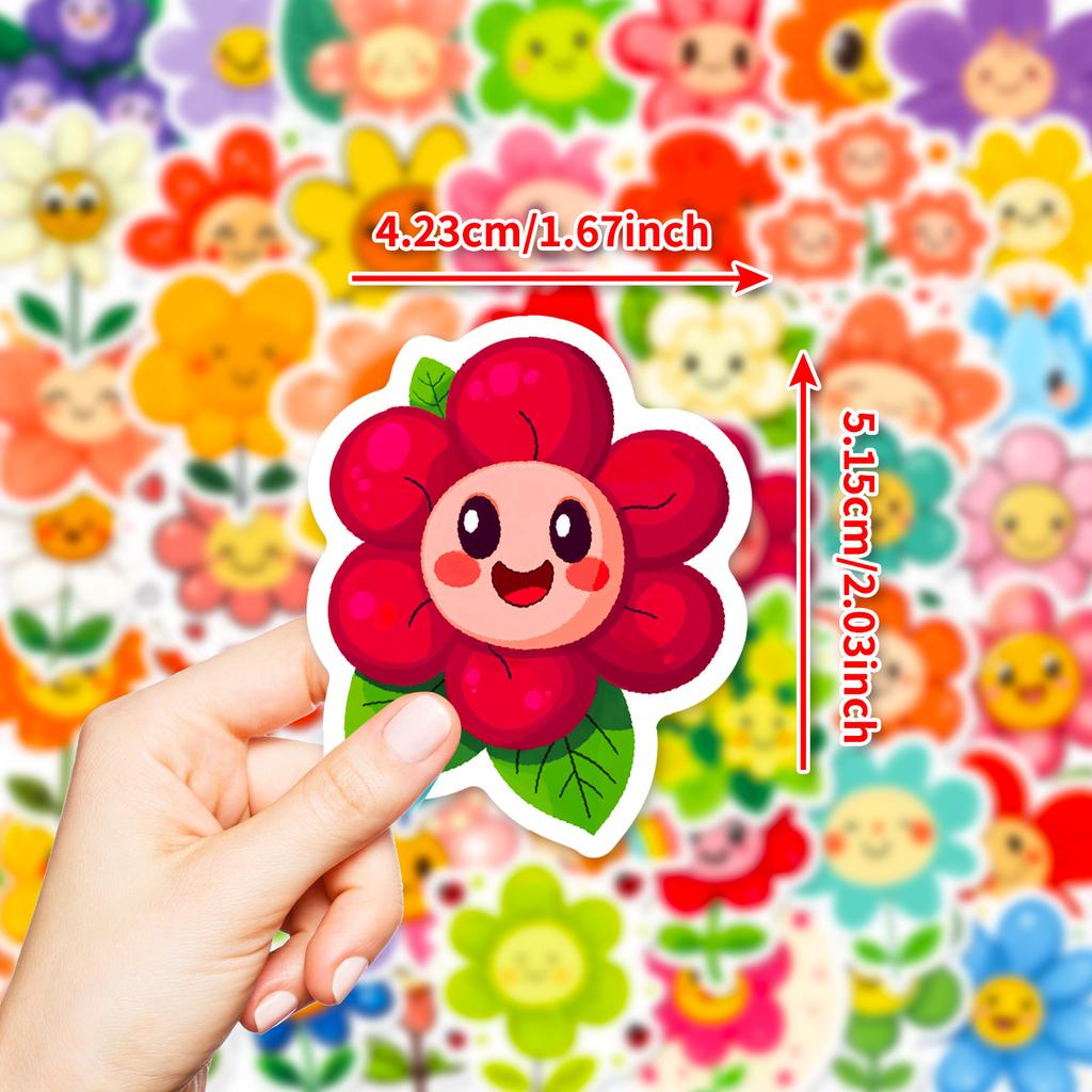 New 50 Cartoon Colorful Sun Flower Stickers Kawaii Healing Smiley Face Little Flower Children's Reward Stickers