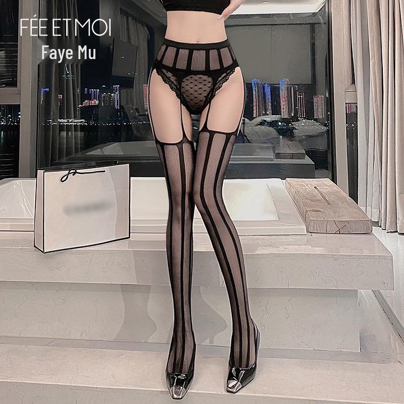 Feimo Seductive Open-Crotch Fishnet Garter Stockings Set for Women