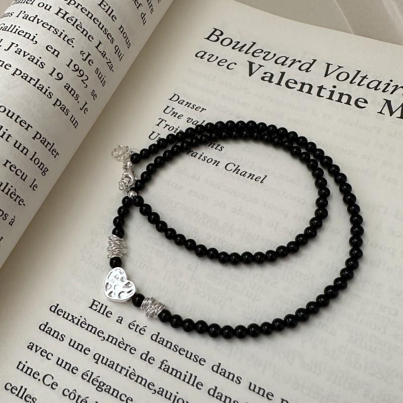 S925 Sterling Silver Black Agate Love Texture Necklace Retro Style Simple Fashion Collarbone Chain 925 silver